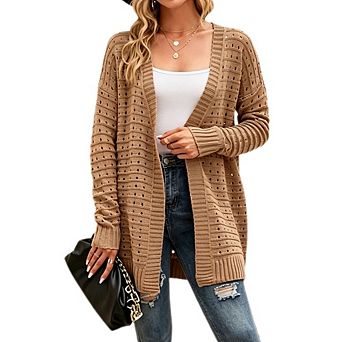 Women's Open Knit Long Cardigan Open Front Long Sleeve Mash Sweater