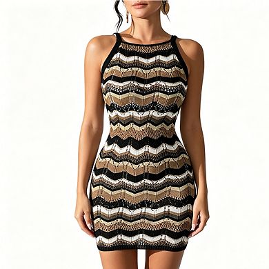Women's Bodycon Mini Dress Halter Neck with Chevron Knit Pattern and Sleeveless Design