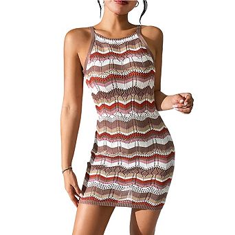 Women's Bodycon Mini Dress Halter Neck with Chevron Knit Pattern and Sleeveless Design