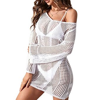 Women's Crochet Knit Cover Up Dress Long Sleeve Mesh Off Shoulder Bikini Swimwear