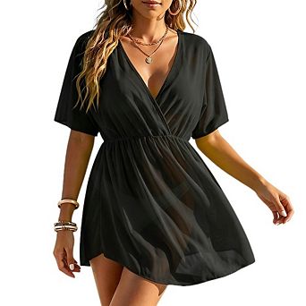 Women's Chiffon Cover Up Dress V Neck Short Sleeve Elastic Waist Swimwear