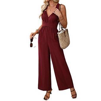 Women's Backless Wide Leg Casual Jumpsuit, V-Neck Sleeveless with Tie Waist