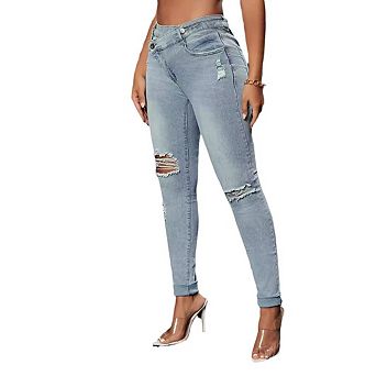 Women's Skinny Ripped Trendy Jeans Distressed Stretchy Denim Pants