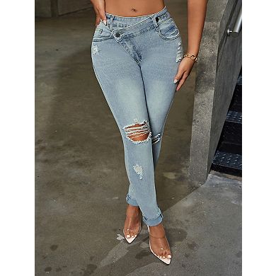 Women's Skinny Ripped Trendy Jeans Distressed Stretchy Denim Pants