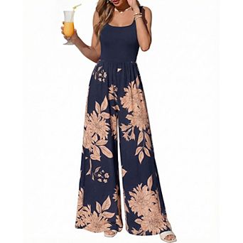Women's Sleeveless Wide Leg Jumpsuit, Scoop Neck Elastic Waist Casual Romper