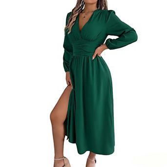 Women's V-Neck Long Sleeve Maxi Dress, Smocked Waist Flowy Slit Formal Dress