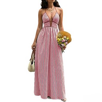 Women's Halter Neck Maxi Dress, Deep V-Neck Cutout Waist Smocked Back Summer Dress