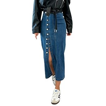 Women's High Waisted Denim Midi Skirt with Button Front and Slit