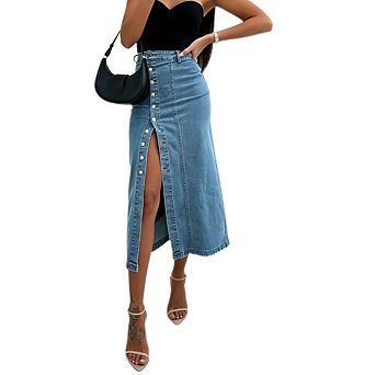 Women's High Waisted Denim Midi Skirt with Button Front and Slit
