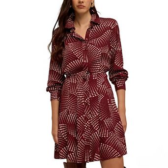 Women's Long Sleeve Shirt Dress, Button-Front Collared Mini Dress with Elastic Waist