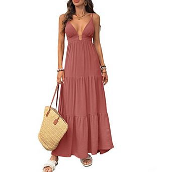 Women's Spaghetti Strap Tiered Maxi Dress, V-Neck Keyhole Front Smocked Back Sundress