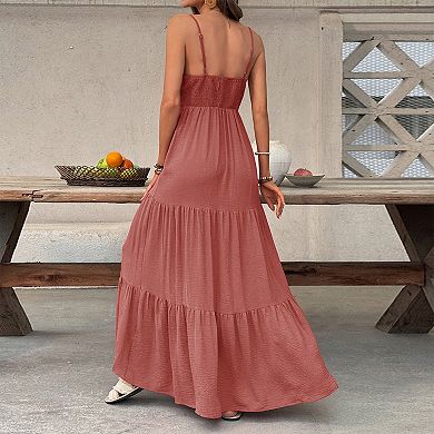 Women's Spaghetti Strap Tiered Maxi Dress, V-Neck Keyhole Front Smocked Back Sundress