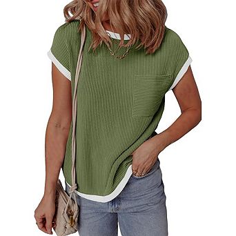 Women Short Sleeve Tops Crew Neck Rib Knit Loose Fit Shirts with Pocket