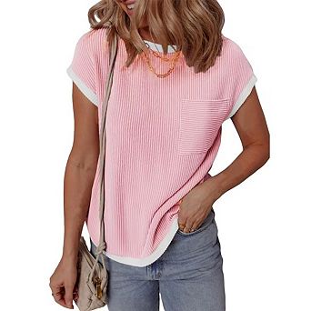Women Short Sleeve Tops Crew Neck Rib Knit Loose Fit Shirts with Pocket