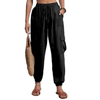 Women Linen Baggy Harem Pants Summer Drawstring Casual Lightweight Tapered Cargo Pants with Pockets