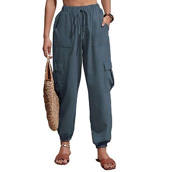 Women Linen Baggy Harem Pants Summer Drawstring Casual Lightweight Tapered Cargo Pants with Pockets