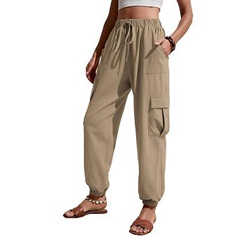 Women Linen Baggy Harem Pants Summer Drawstring Casual Lightweight Tapered Cargo Pants with Pockets