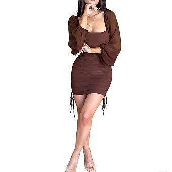 Women's Square Neck Ruched Mini Dress Sheer Puff Sleeve Bodycon Party Dress with Drawstrings