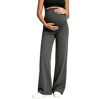 Womens Maternity Yoga Pants Wide Leg — Over Belly Pregnancy Lounge Wear with Pockets