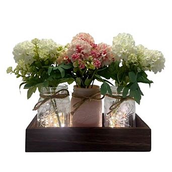 Rustic Mason Jar Vase with Artificial Flowers, Faux Silk Plant Arrangement for Home Table Gift Décor