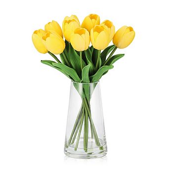 Realistic Artificial Tulips with Vase, Silk PU Faux Tulip Bouquet for Centerpiece Wedding Home Decor