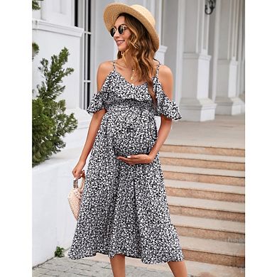 Women's Maternity Ruffles Short Sleeve Floral V Neck A Line Nursing Dress