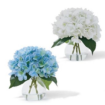 2 pc Artificial Hydrangea Flowers in Glass Vase with Faux Water, Realistic Blooms Decor Centerpiece