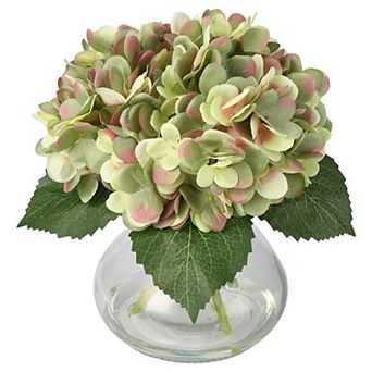 Lifelike Artificial Hydrangea Bouquet, Silk Fake Flowers in Glass Vase, Home Decor Centerpiece Gift