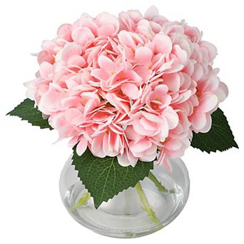 Lifelike Artificial Hydrangea Bouquet, Silk Fake Flowers in Glass Vase, Home Decor Centerpiece Gift