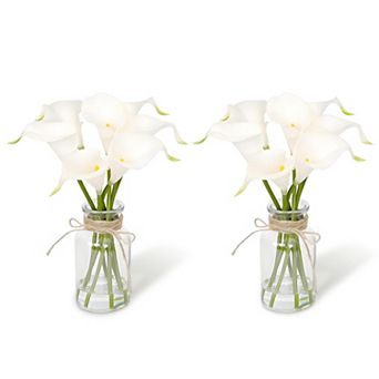 2 pc Artificial Calla Lilies in Glass Vase, Realistic Flowers with Faux Water for Home Decor Wedding