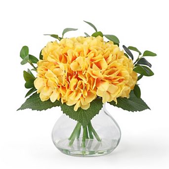 Realistic Silk Hydrangea in Glass Vase with Faux Water, Artificial Flower for Centerpiece Home Decor