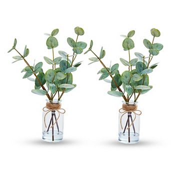 2 pc Artificial Eucalyptus in Vase with Faux Water, Realistic Fake Plant for Shelf Bathroom Decor