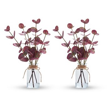 2 pc Artificial Eucalyptus in Vase with Faux Water, Realistic Fake Plant for Shelf Bathroom Decor