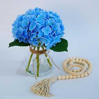 Artificial Hydrangea in Glass Vase with Faux Water, Silk Floral Centerpiece with Wood Bead for Gift
