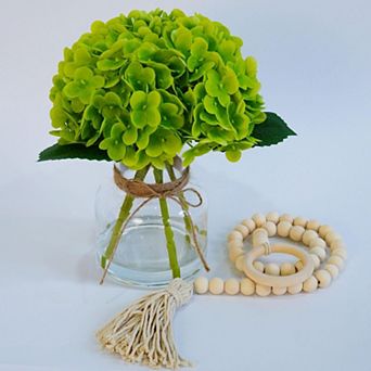 Artificial Hydrangea in Glass Vase with Faux Water, Silk Floral Centerpiece with Wood Bead for Gift