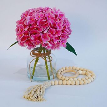 Artificial Hydrangea in Glass Vase with Faux Water, Silk Floral Centerpiece with Wood Bead for Gift