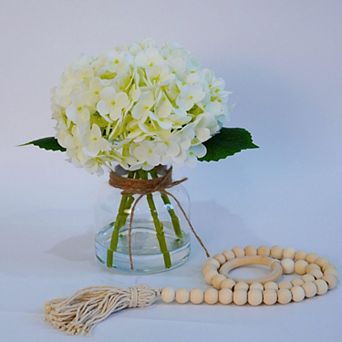 Artificial Hydrangea in Glass Vase with Faux Water, Silk Floral Centerpiece with Wood Bead for Gift