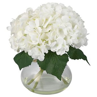 Artificial Hydrangea Flower in Glass Vase, Realistic Bouquet with Faux Water, Centerpiece Home Decor