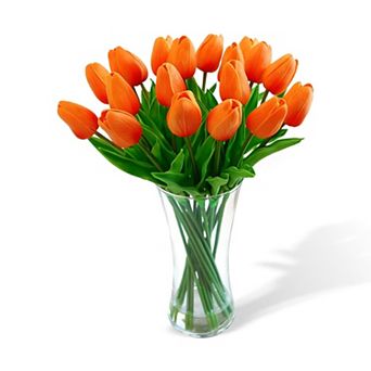 Lifelike Artificial Tulip in Glass Vase with Faux Water, 20 pc Fake Tulip Centerpiece for Home Decor