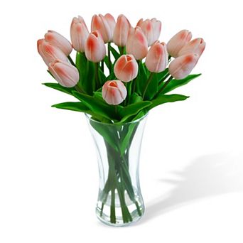 Lifelike Artificial Tulip in Glass Vase with Faux Water, 20 pc Fake Tulip Centerpiece for Home Decor