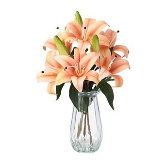 Artificial Tiger Lily Arrangement, Lifelike Silk Flower in Glass Vase with Faux Water, Home Decor