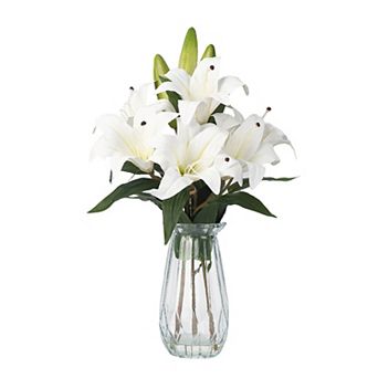Artificial Tiger Lily Arrangement, Lifelike Silk Flower in Glass Vase with Faux Water, Home Decor