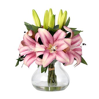 Realistic Tiger Lilies in Glass Vase, Artificial Flowers Arrangement Long Stem Home Centerpiece