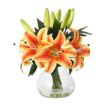 Realistic Tiger Lilies in Glass Vase, Artificial Flowers Arrangement Long Stem Home Centerpiece