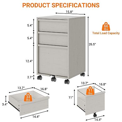 Wood Mobile Filing Cabinet w/3 Drawers, Under Desk Printer Stand with Wheels, 2 Locking Caster
