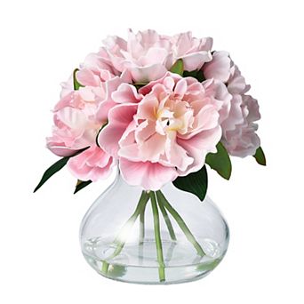 Artificial Peonies in Glass Vase with Faux Water, Realistic Fake Flower Arrangement for Home Decor
