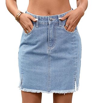 Women’s High Waist Casual Side Split Frayed A-line Denim Mini Skirt with Pocket