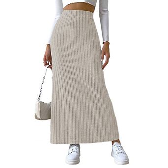 Women's Ribbed Knit Midi Side Slit High Waisted Bodycon Casual Long Pencil Skirt