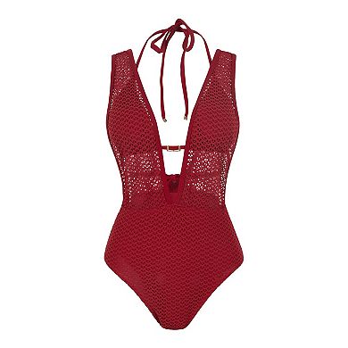 Women's Crochet Mesh 2-Piece Swimsuit Set, Halter Bikini Top & Bottom with Tie Closure