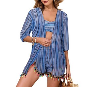 Women's 4 pc Boho Swimsuit Set, Crop Bikini Top, Bottom, Cover-Up & Tassel Shorts